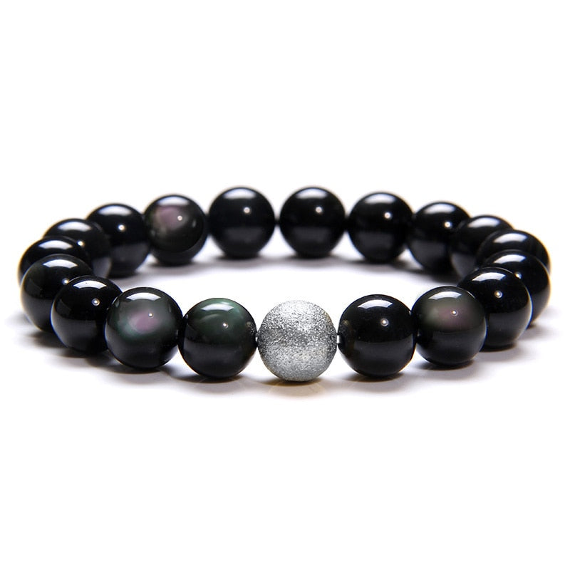 Black Obsidian Bracelets Pierre Naturelle Rainbow Polished Stone Beads Bracelets Men Healing Energy Silver Color Charm Bangle