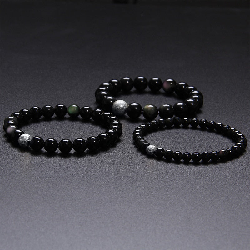 Black Obsidian Bracelets Pierre Naturelle Rainbow Polished Stone Beads Bracelets Men Healing Energy Silver Color Charm Bangle