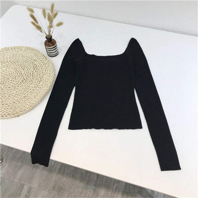 Black Office Lady Elegant Scoop Neck Long Sleeve Solid Mercerized Cotton Pullovers Tee 2021 Casual Women Y2K T-Shirt B-076