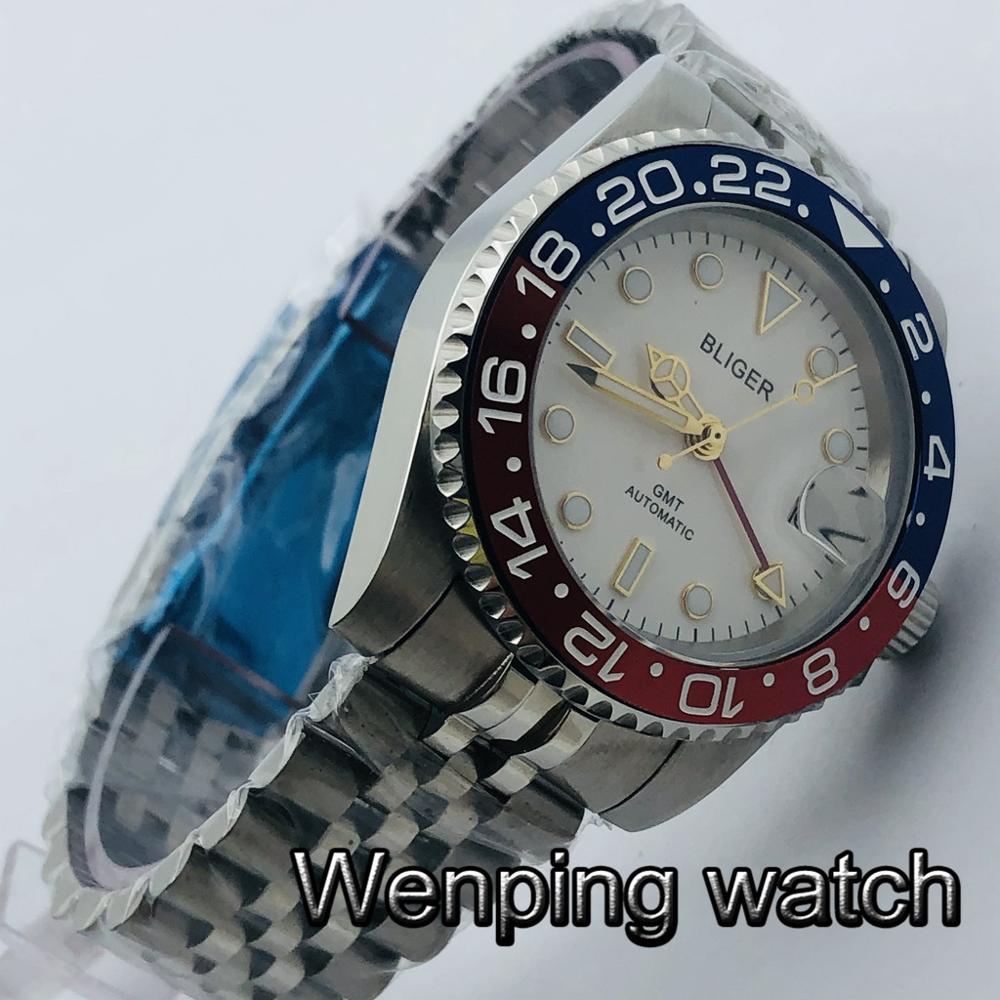 Bliger 40mm Men's Casual Luxury GMT Business Watch Sapphire Glass White Dial Date Luminous Men's Top Automatic Watch