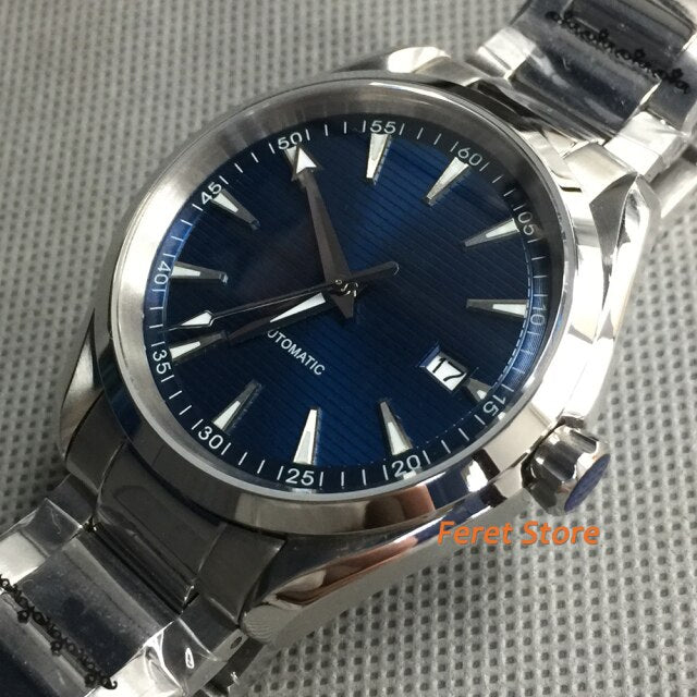Bliger new 40mm Men's Top Casual Mechanical Watch Silver Case Sapphire Crystal Blue Dial Luminous NH35 Movement Automatic Watch