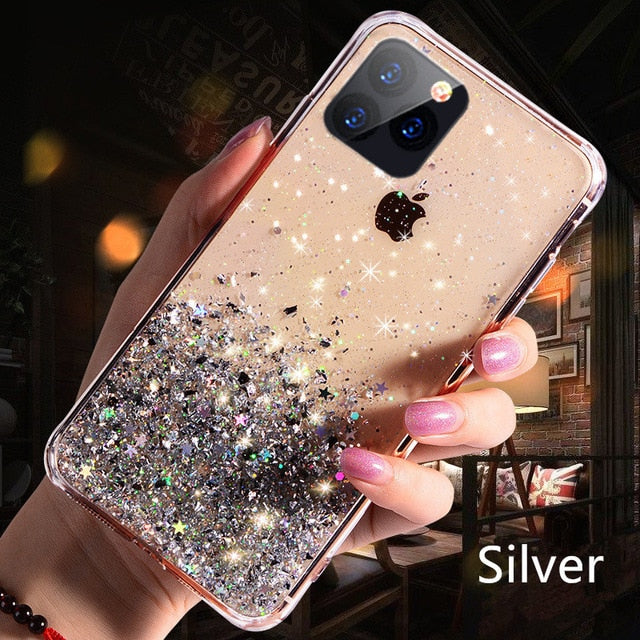 Bling Glitter Phone Case For iPhone 11 12 Pro Max XR XS Max X 7 8 6S Plus Soft Silicone Transparent Back Cover For iPhone 11Pro