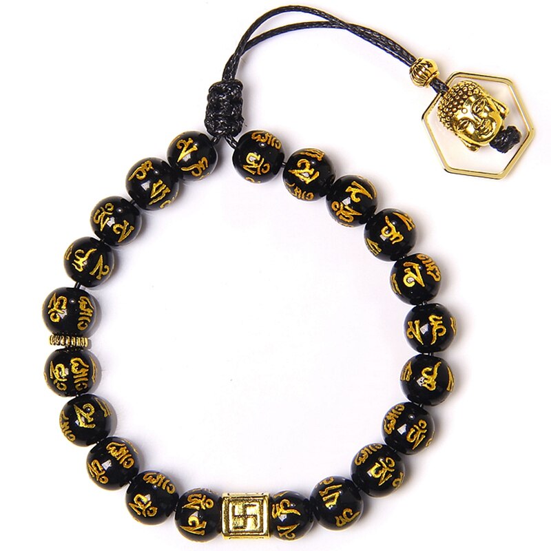 Buddha Seal Buddha Head Charm natural stone round bead bracelets Tiger eye Lava stone Black Onyx Adjustable Rope length bracelet