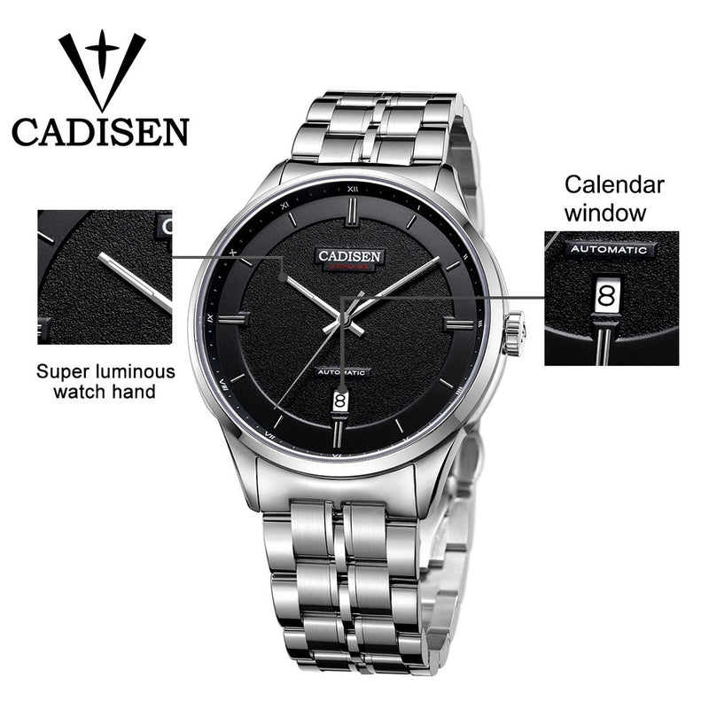 CADISEN Original Brand Watch Men Date Automatic Self-wind Stainless Steel 5atm Waterproof Business Men Wrist Watch Timepieces