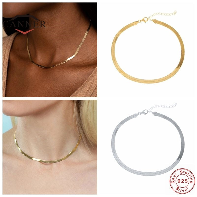 CANNER 925 Sterling Silver Choker Necklace Female Clavicle Chain Flat Snake Necklace for Women Jewelry collares Free Shipping