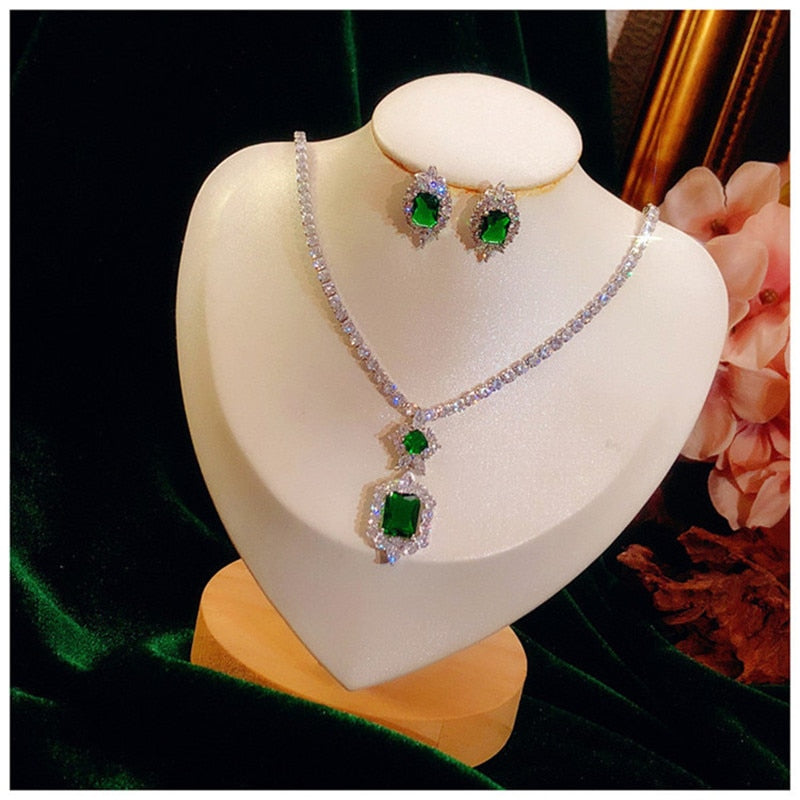 CC Wedding Jewelry Sets 925 Sterling Silver Stud Earrings Necklace Luxury Accessories for Bridal Party Green CZ Stone CCAS223