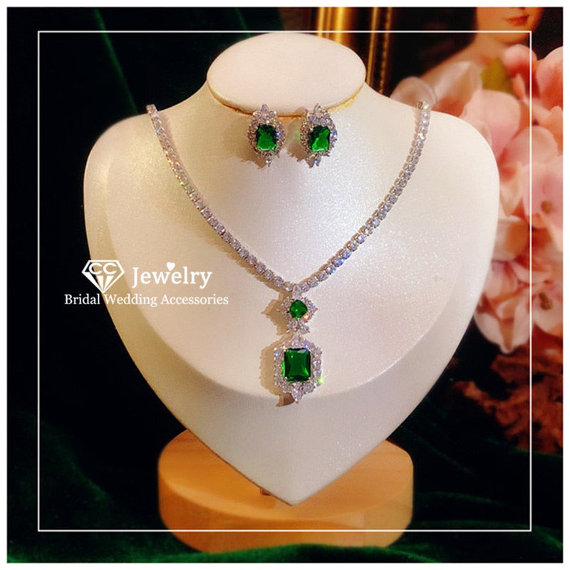 CC Wedding Jewelry Sets 925 Sterling Silver Stud Earrings Necklace Luxury Accessories for Bridal Party Green CZ Stone CCAS223