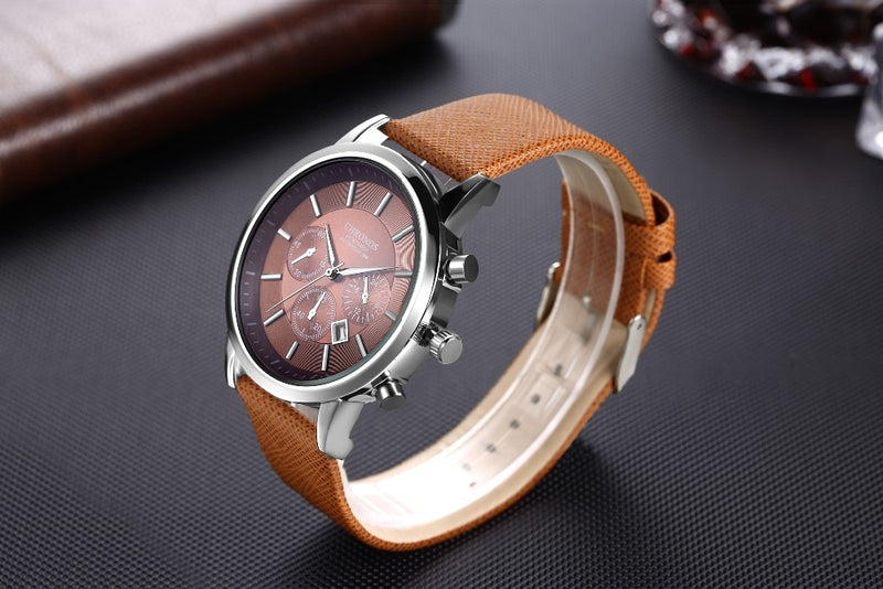 CHRONOS Mens Sport Wristwatches Military Date Casual Leather Quartz Watches Male Large Round Analog Watch Clock Orologio Uomo