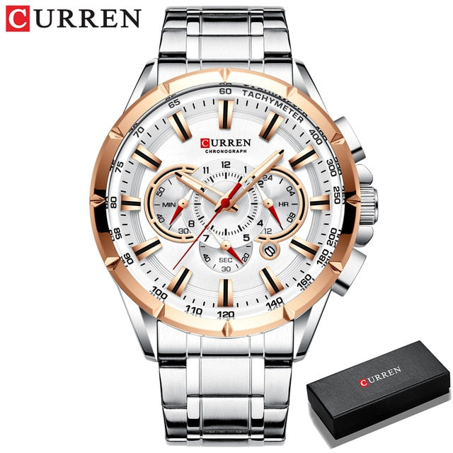 CURREN New Causal Sport Chronograph Men's Watches Stainless Steel Band Wristwatch Big Dial Quartz Clock with Luminous Pointers