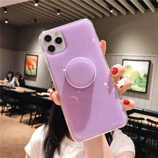 Candy Color Stand Holder Phone Case For iPhone 12 11 12Pro Max XR XS Max X 6S 7 8 Plus 11Pro SE 2 Glitter Love Heart Back Cover