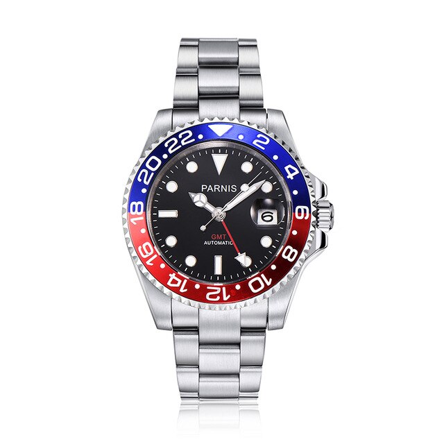 Casual 40mm Parnis Automatic Men's Watches Black Red Bezel Rubber Strap GMT Calendar Diver Men Mechanical Watch de luxe horloges