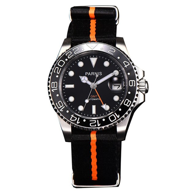 Casual 40mm Parnis Automatic Men's Watches Black Red Bezel Rubber Strap GMT Calendar Diver Men Mechanical Watch de luxe horloges