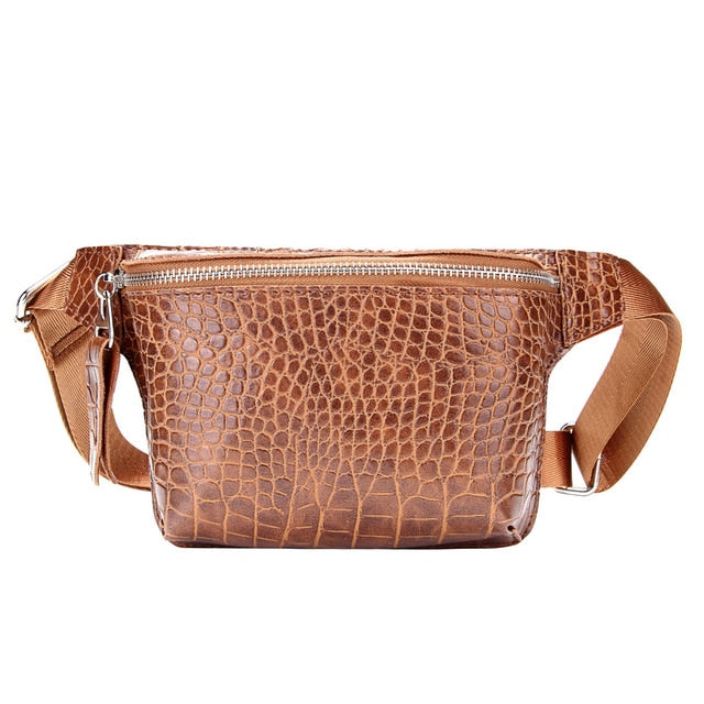 Casual Waist Bag for Women Alligator Leather Fanny Pack Phone Pouch Chest Packs Ladies Wide Strap Belt Bag Female Crossbody Flap