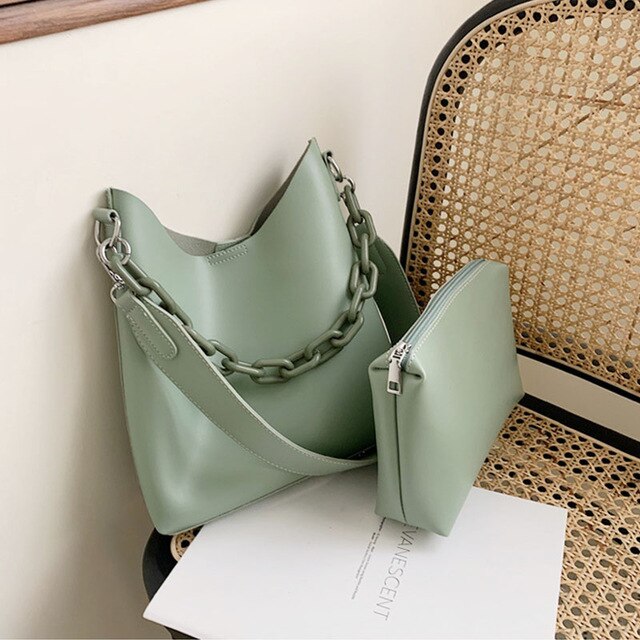 Chain Design Solid Color Pu Leather Small Bucket Bags For Women 2020 Trending Simple Shoulder Crossbody Bag Female Wild Handbags