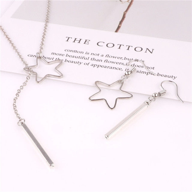 Circle Strip Long Chain Multi-layer Pendant Necklaces Star Earring For Women Trend Sweater Chain Choker Silver Color Jewelry Set