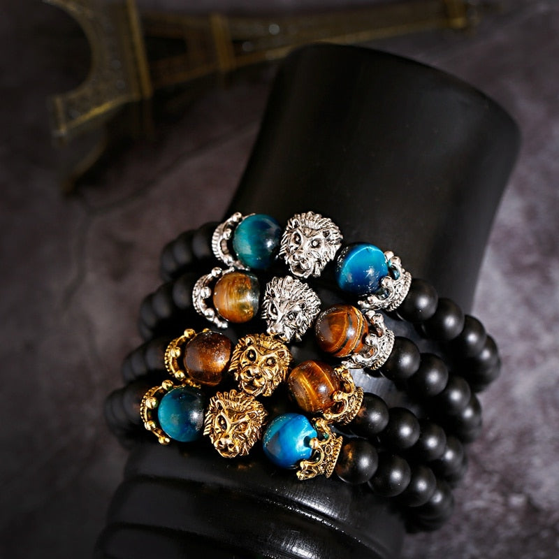 Classic Crown Lion Bracelet Men Fashion Tiger Eye Onyx Stone Handmade Beaded Charm Bracelet For Women Jewelry Pulsera Hombre