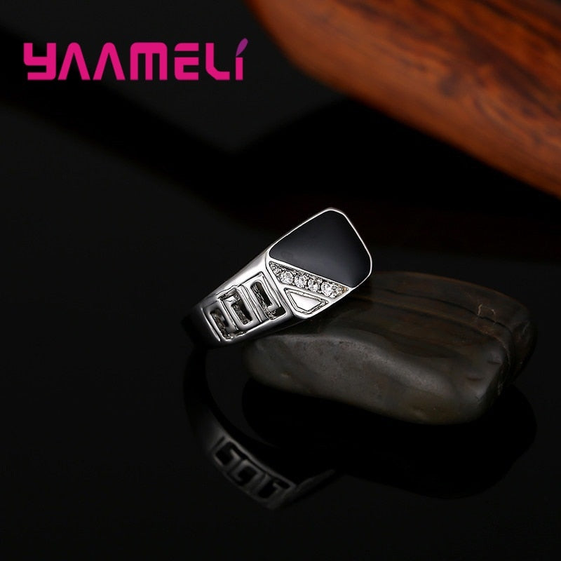 Classic Male Mens Wide Band Ring Unique 925 Sterling Silver White Black Rhinestone Square Statement Hip Hop Jewelry