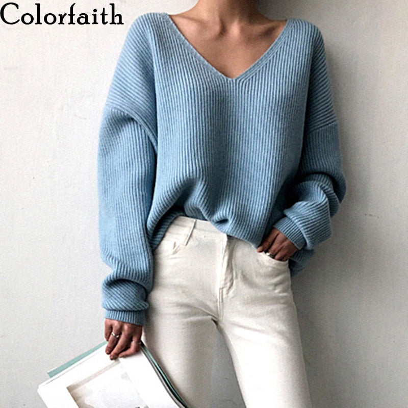 Colorfaith 2021 Winter Spring Women's Knitwear sexy V-Neck Minimalist Tops Korean Irregular Hem Knitted Casual Sweaters SW8112