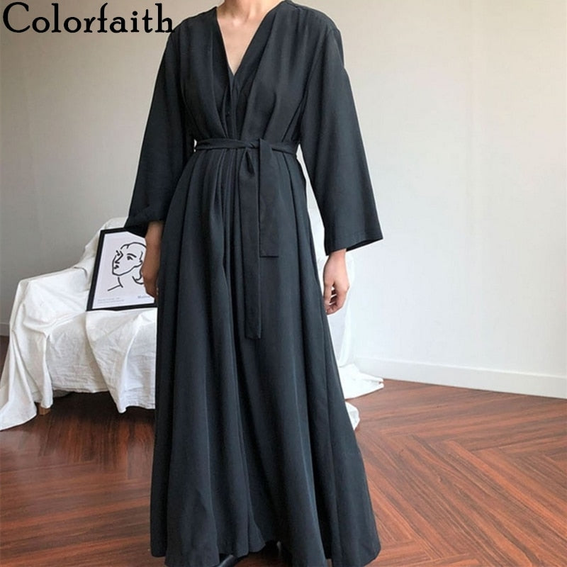 Colorfaith New 2021 Women Spring Summer Dresses Lace Up Casual Buttons Fashionable V-neck Vintage Oversize Long Dress DR1150