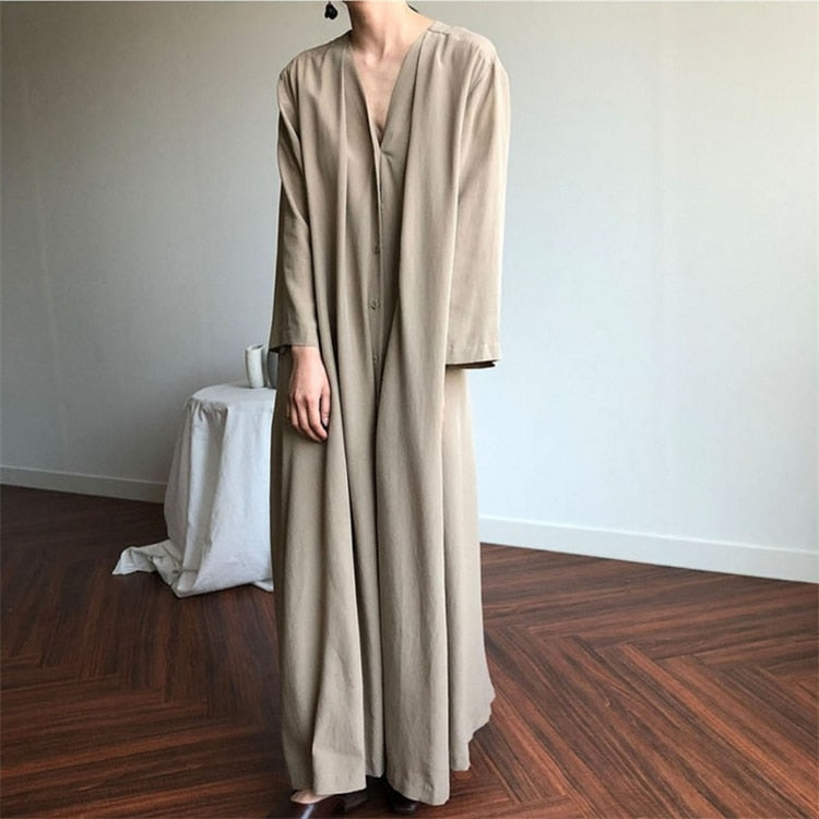 Colorfaith New 2021 Women Spring Summer Dresses Lace Up Casual Buttons Fashionable V-neck Vintage Oversize Long Dress DR1150
