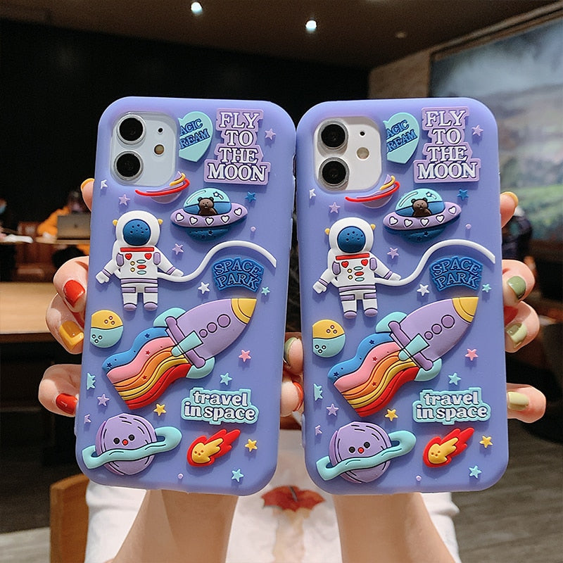 Cute Cartoon 3D Space Astronaut Case For iPhone 11 12 Pro Max Mini XS X XR 7 8 Plus SE 2020 Soft Silicone Dream Moon Phone Cases