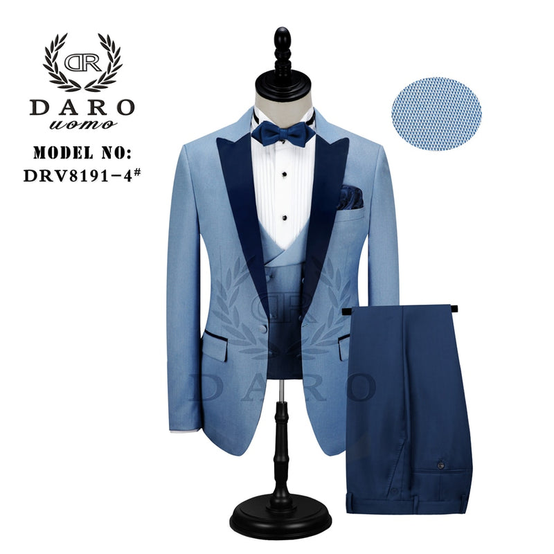 DARO Men Suit Bridegroom Wedding Tuxedo New Style Blazer Pattern Jacket Vest Pant 3 Piece Slim Fit White Gold Blue Wine  Party