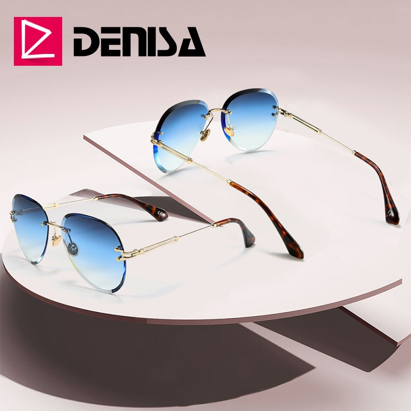 DENISA Fashion Blue Rimless Sunglasses Women 2019 UV400 Luxury Aviation Ladies Sunglasses Glasses Shades zonnebril dames G18475