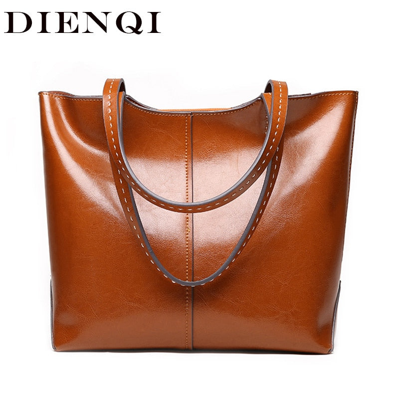DIENQI 2020 New Female Genuine Leather Shoulder Bags Luxury Women Leather Handbags Ladies Big Designer Brown Top-handle Bag Tote