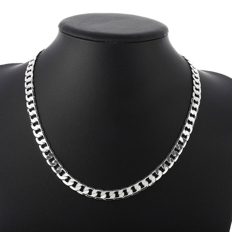 DOTEFFIL 925 Sterling Silver 16/18/20/22/24 Inch 8mm Flat Sideways Chhain Necklace For Women Man Fashion Wedding Charm Jewelry
