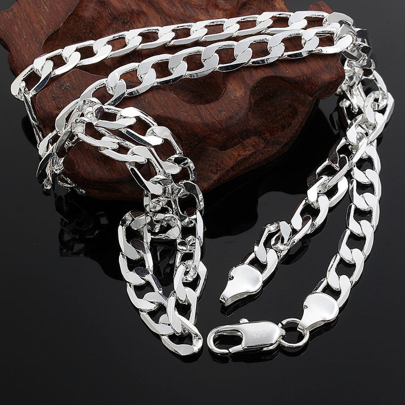 DOTEFFIL 925 Sterling Silver 16/18/20/22/24 Inch 8mm Flat Sideways Chhain Necklace For Women Man Fashion Wedding Charm Jewelry