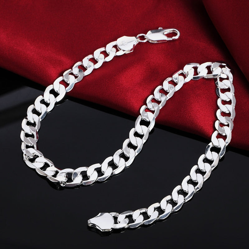 DOTEFFIL 925 Sterling Silver 18/20/22/24/26/28/30 Inch 12mm Flat Sideways Necklace For Women Man Fashion Wedding Charm Jewelry