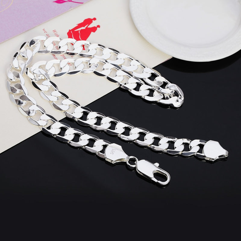 DOTEFFIL 925 Sterling Silver 18/20/22/24/26/28/30 Inch 12mm Flat Sideways Necklace For Women Man Fashion Wedding Charm Jewelry