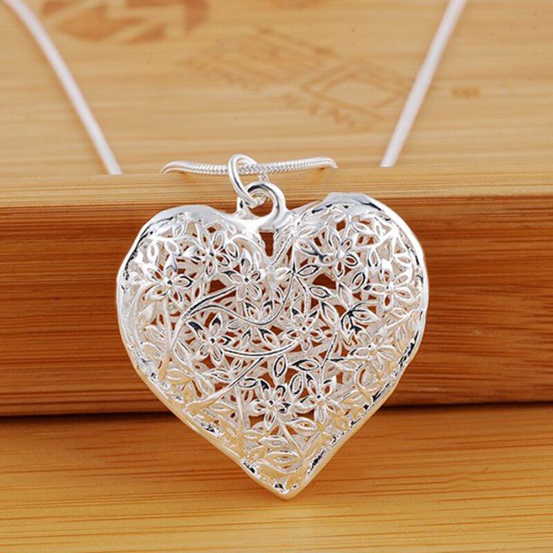 DOTEFFIL 925 Sterling Silver 18 Inch Carved Heart Pendant Snake Chain Necklace For Women Fashion Wedding Party Charm Jewelry
