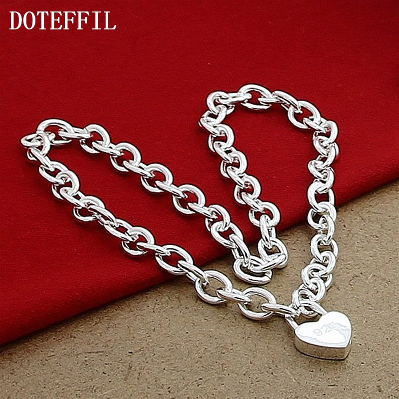 DOTEFFIL 925 Sterling Silver Heart Lock Pendant Necklace 18 Inch Chain For Women Wedding Engagement Fashion Jewelry