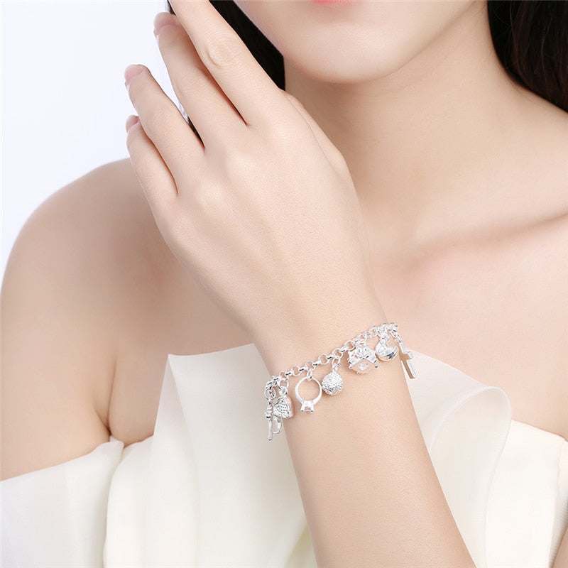 DOTEFFIL 925 Sterling Silver Moon Heart Lock Cross Bracelet For Men Woman Charm Wedding Engagement Party Fashion Jewelry