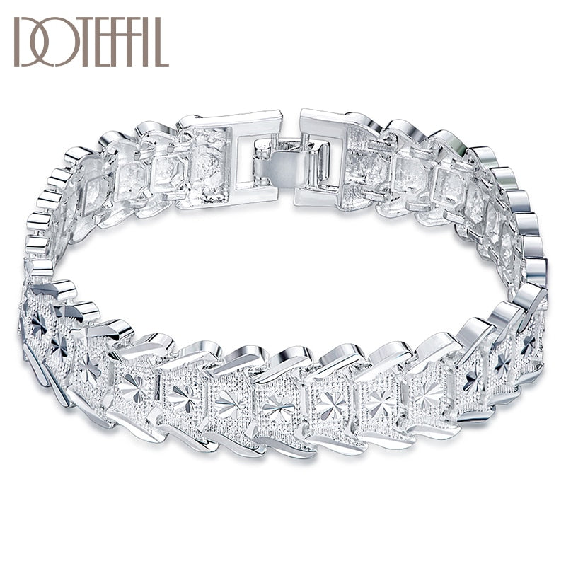 DOTEFFIL 925 Sterling Silver Wide Wristband Bracelet For Women Man Wedding Engagement Party Fashion  Jewelry