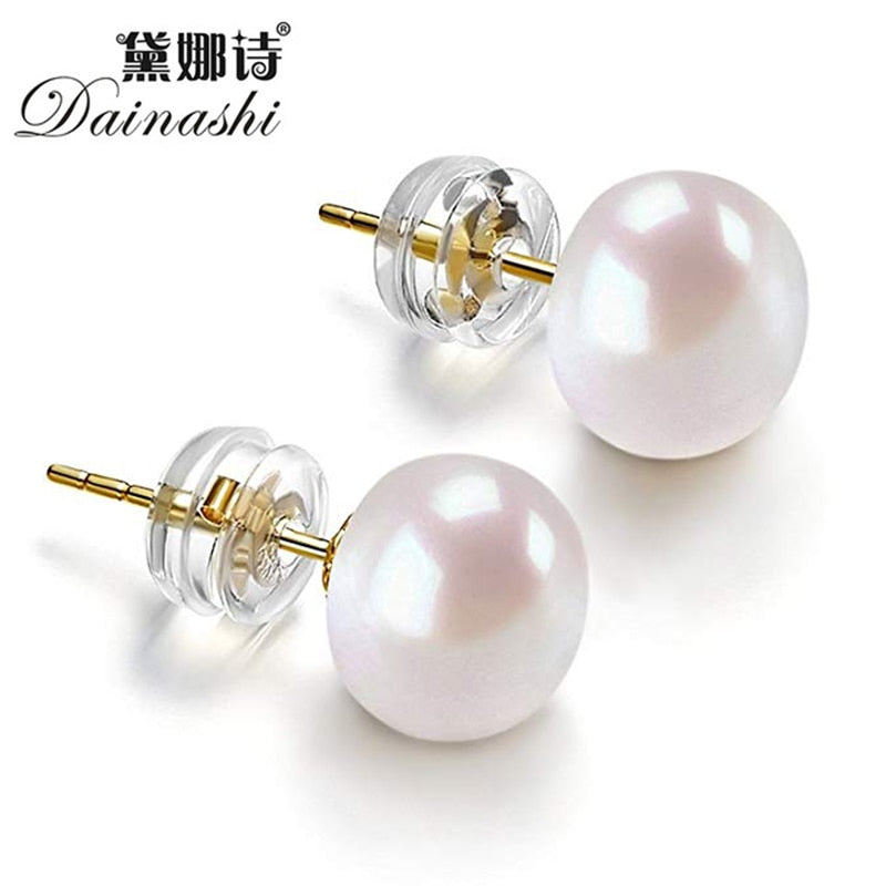 Dainashi High Quality 925Silver Gold Color 8-9mm Bread Round Freshwater Cultured Pearl Stud Earrings For Women Birthday Gift Hot