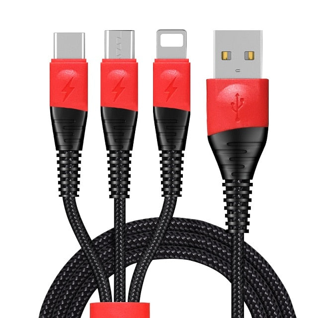 Double Color Black+Red 3 in 1 USB Cable For Iphone Micro USB Type C 2.4A Wire For iPhone X Xiaomi Samsung S9 Fast Charging Cord