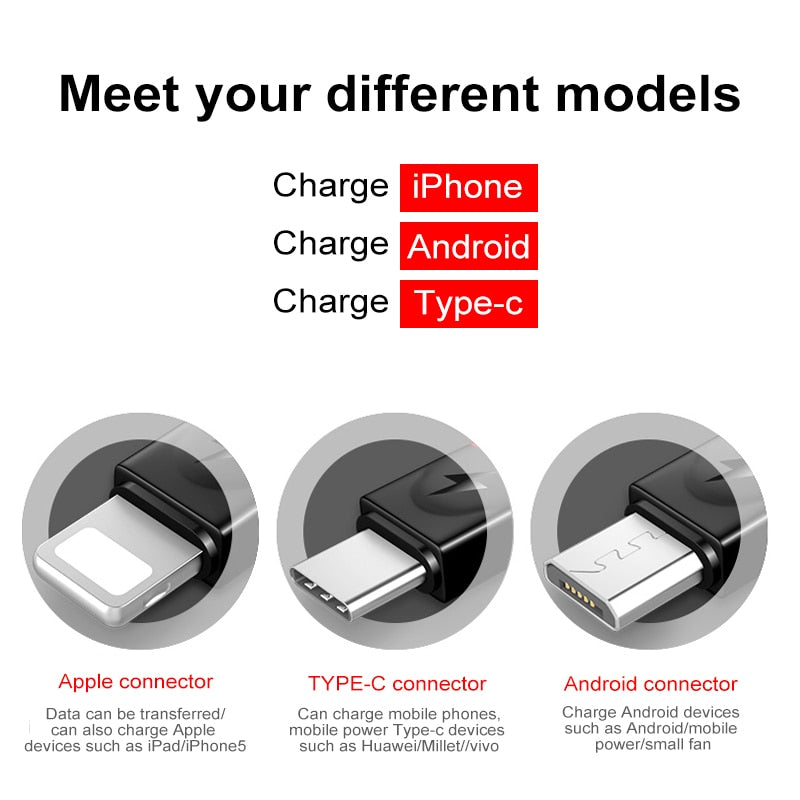 Double Color Black+Red 3 in 1 USB Cable For Iphone Micro USB Type C 2.4A Wire For iPhone X Xiaomi Samsung S9 Fast Charging Cord