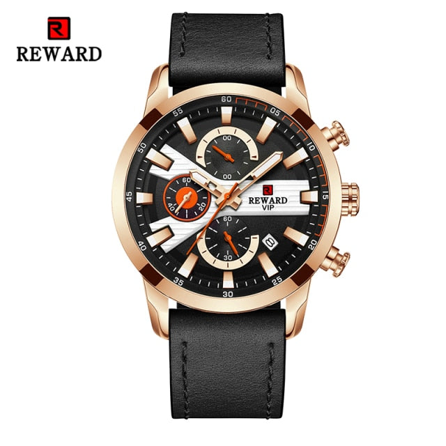 Dropshipping Reward Men Wristwatches Sport Waterproof Chronograph Quartz Wrist Watch Clock Timepiece Genuine Leather Watches