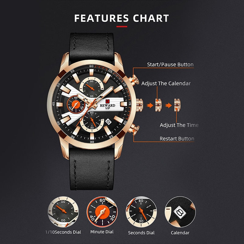 Dropshipping Reward Men Wristwatches Sport Waterproof Chronograph Quartz Wrist Watch Clock Timepiece Genuine Leather Watches