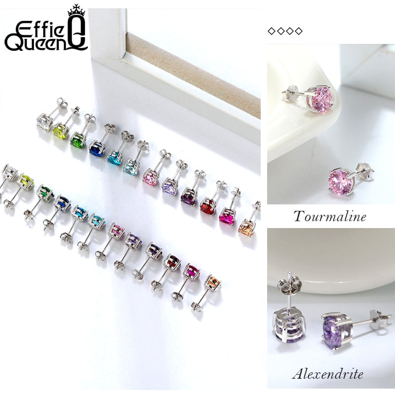 Effie Queen 925 Sterling Silver Birthstone Earrings for Women AAA Cubic Zircon 12 Colors Stud Earrings Fashion Girl Jewelry BE84