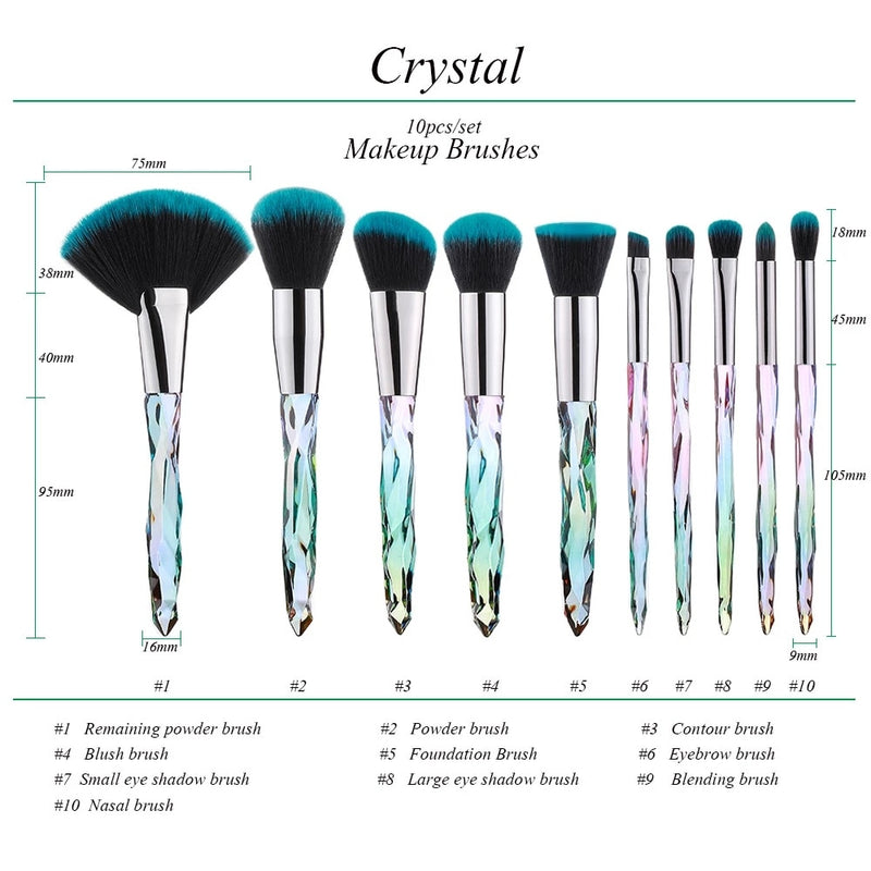 FLD 10pcs Crystal Makeup Brushes Powder Foundation Eyeshadow Eyebrow Cosmetics for Face Fan Make Up Brush Set Brochas Maquillaje
