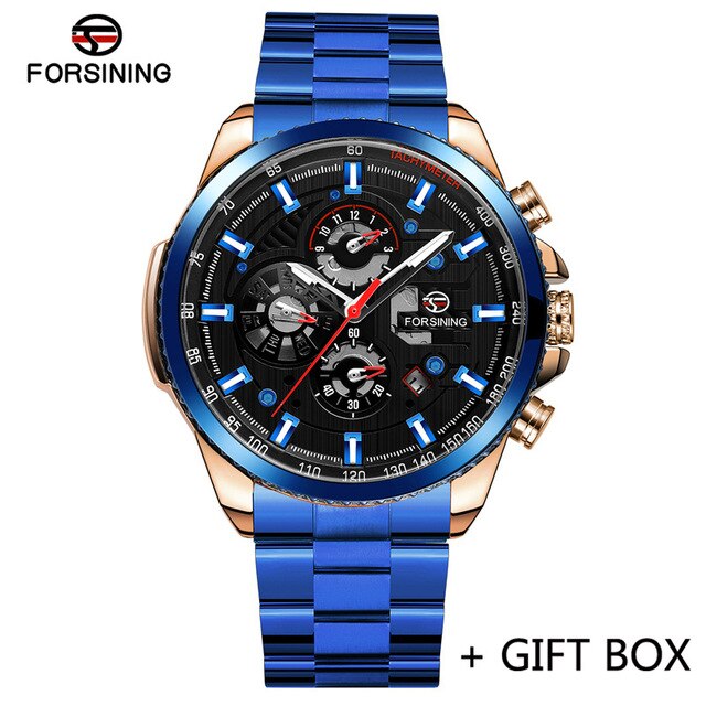 FORSINING Automatic Mechanical Men Wristwatch Military Sport Male Clock Top Brand Luxury Black Stainless Steel Man Watch 6909