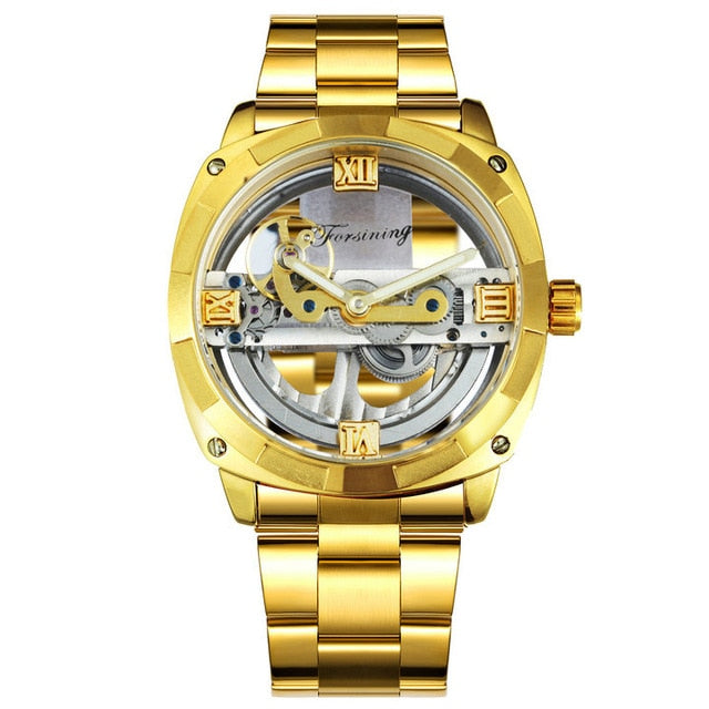 FORSINING Golden Bridge Transparent Dial Automatic Mens Watch Skeleton Mechanical Watches Retro Stainless Steel Band Male Watch