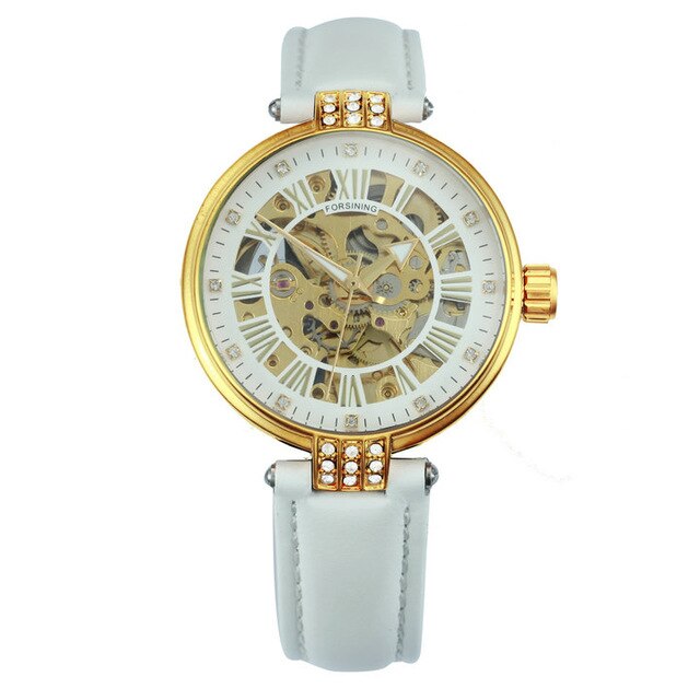 FORSINING New Fashion Vintage Women Auto Mechanical Watches Top Brand Luxury Golden Skeleton Leather Strap Ladies Wrist Watches