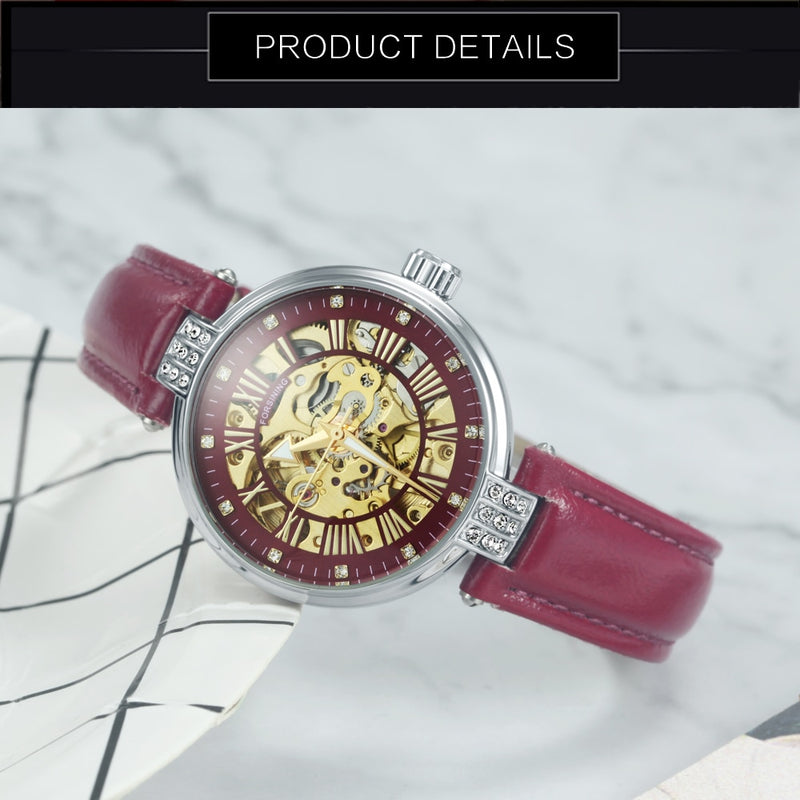FORSINING New Fashion Vintage Women Auto Mechanical Watches Top Brand Luxury Golden Skeleton Leather Strap Ladies Wrist Watches