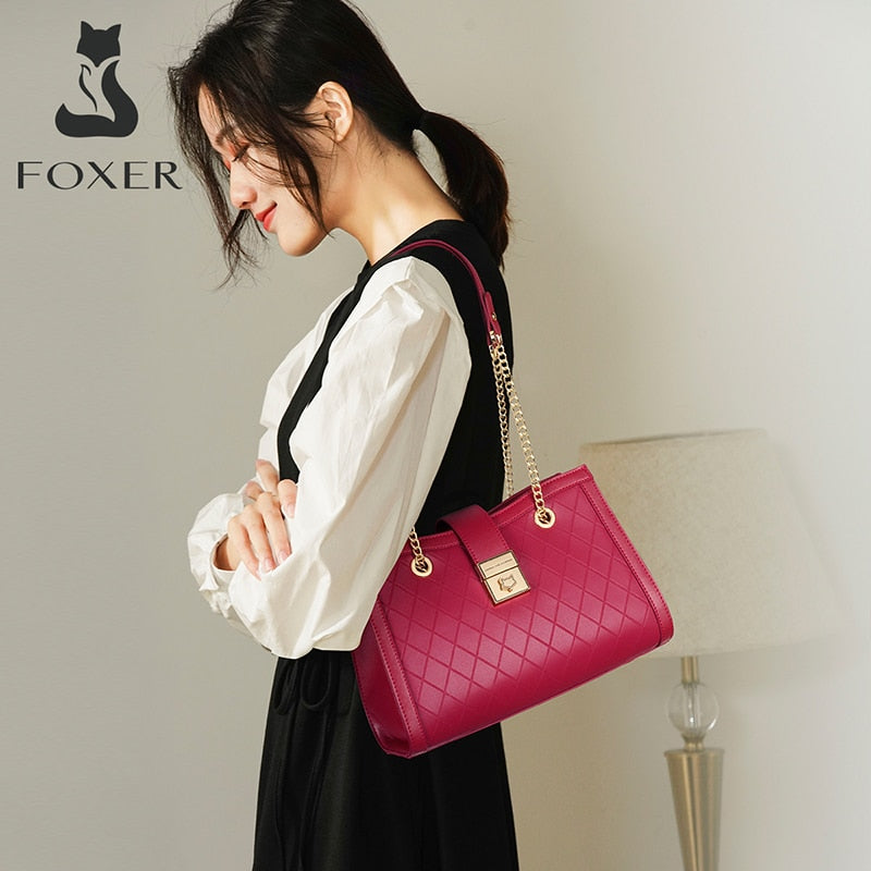 FOXER Split Leather Chain Shoulder Bags Women's Handbags Lady Middle Handle Purse Classic Shoulder Messenger Bag Luxury Design
