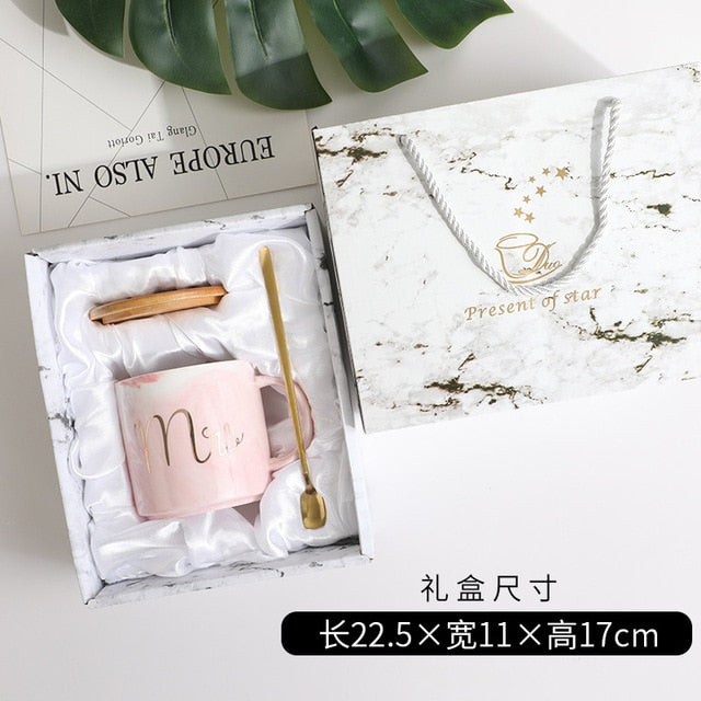 FSILE Marble Pattern Cup Gold Rim Mug Gift Box Set Coffee Cup  Couple Women Cup Flamingo Cup Ceramic with Hand Ceremony