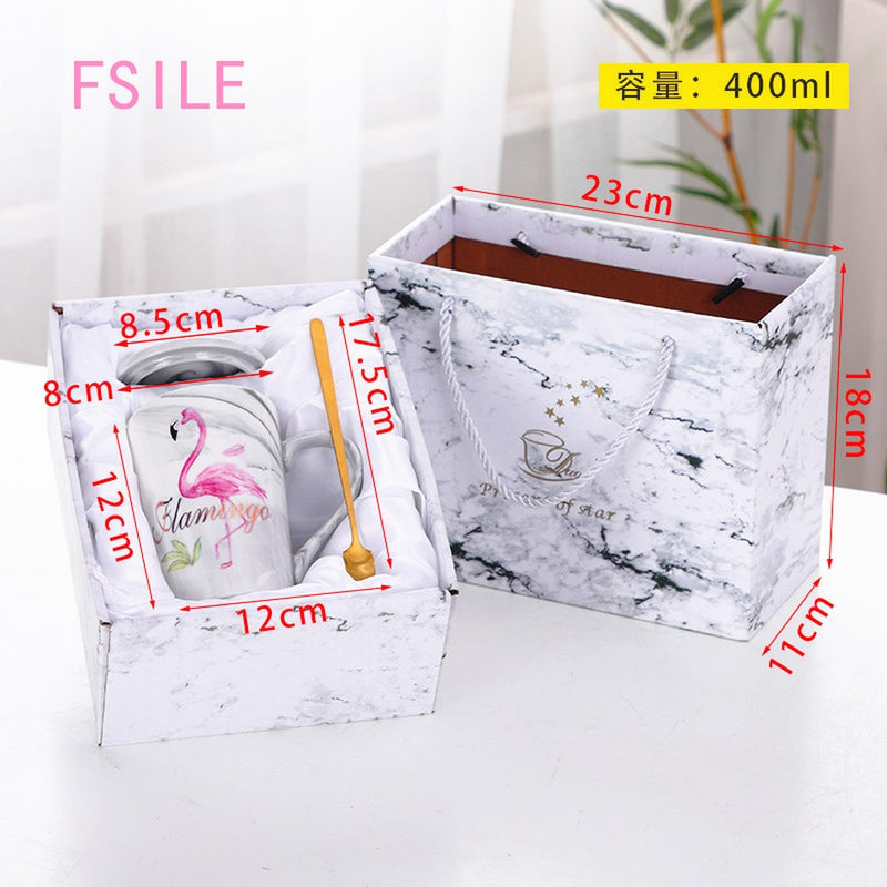 FSILE Marble Pattern Cup Gold Rim Mug Gift Box Set Coffee Cup  Couple Women Cup Flamingo Cup Ceramic with Hand Ceremony